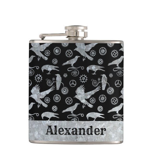 Flasques Petit Steampunk Argent Zinc engrenages et corbeaux (Devant)