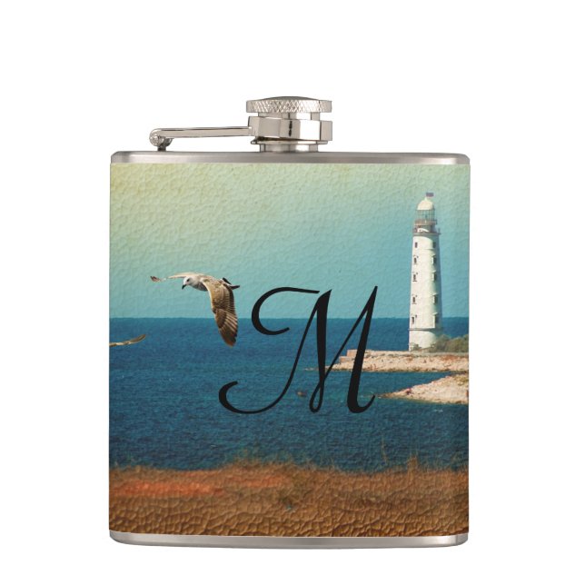 Flasques Phare Beach Scène Monogramme Whiskey Flask (Devant)