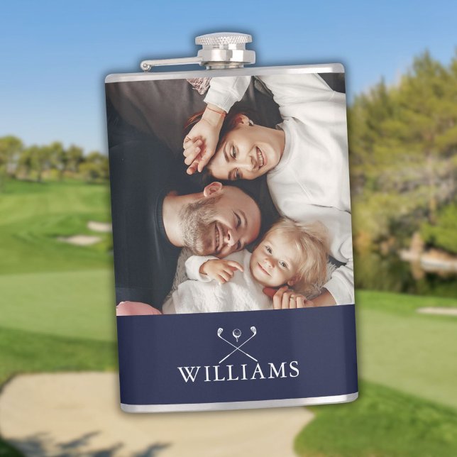 Flasques Photo Personnalisée Et Nom Club De Golf Marine Ble (Personalized Photo And Name Golf Clubs Navy Blue Flask)