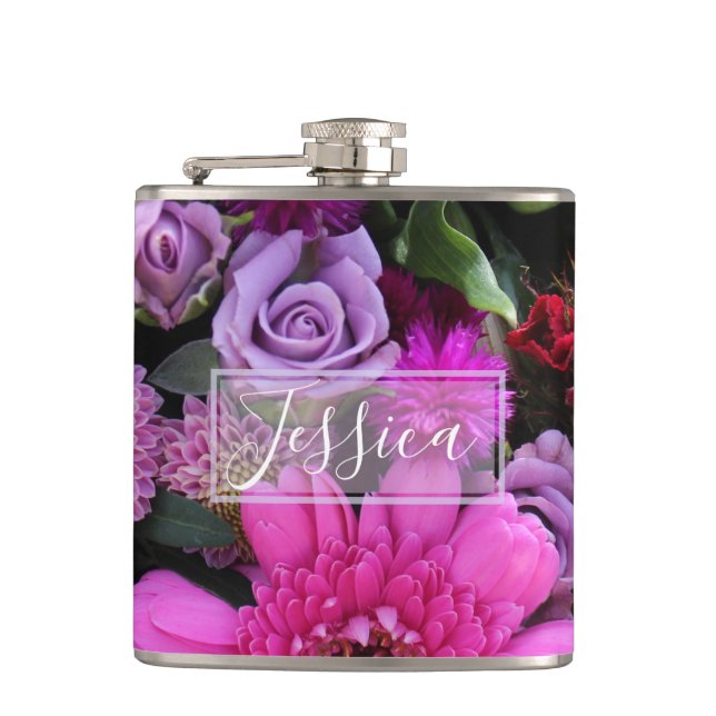 Flasques Pink and Violet Flowers Personalised (Devant)