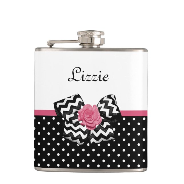 Flasques Points noirs mignons Rose rose Chevron Bow et nom (Devant)