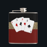 Flasques Poker Classy Aces<br><div class="desc">Classy rouge, noir et or arrière - plan et quatre as flacon de poker. Vous pouvez déplacer, redimensionner et supprimer les cartes de poker. Cette conception de flacon de poker et de jeu fonctionne bien pour un cadeau d'anniversaire de la personne, un cadeau de marié, un marié ou tout fan...</div>