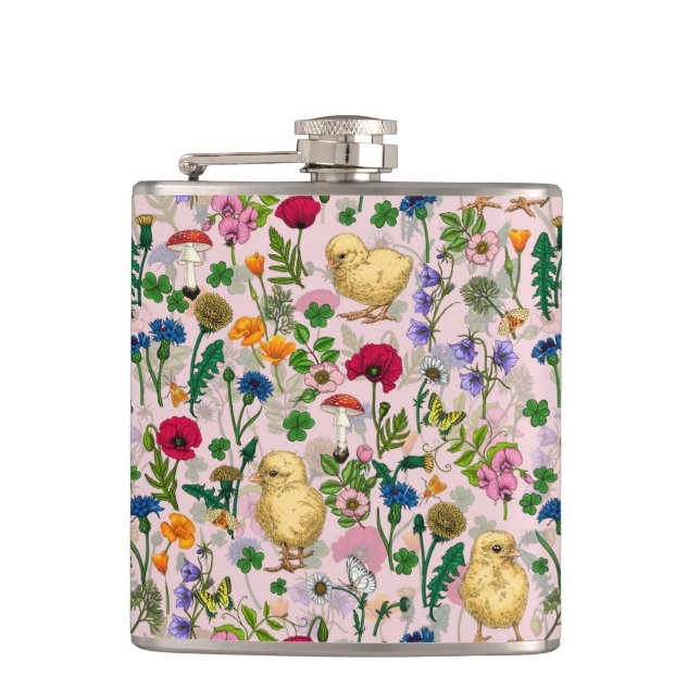 Flasques Poulets et fleurs sauvages sur coton bonbon rose (Devant)
