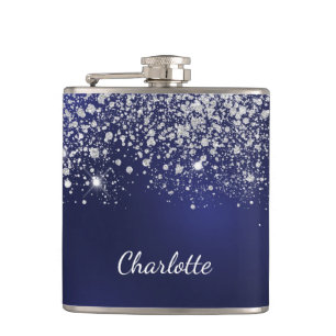 Flasques Poussière de glitter argent bleu monogramme nom éc