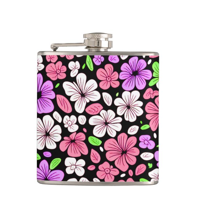 Flasques Purple and Pink Flowers and Petals Pattern Black (Devant)