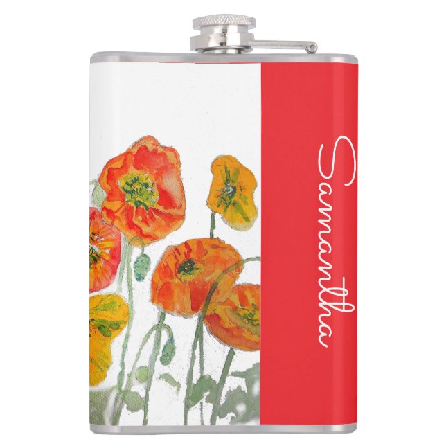 Flasques Red Orange Poppy Flower Watercolor Womans Name (Dos)