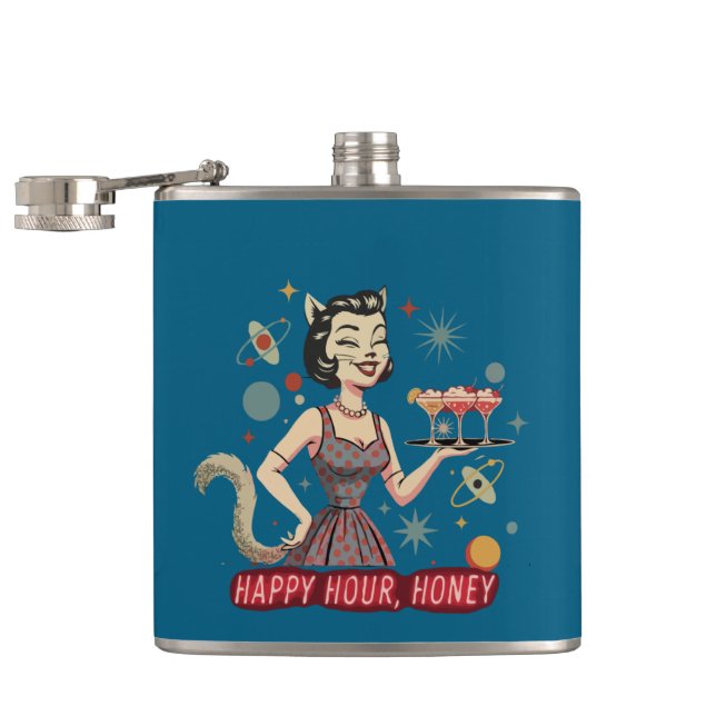 Flasques Rétro Pin-Up Chat Atomique | "Happy Hour, Chérie"  (Ouvert)