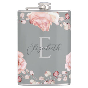 Flasques Rose d'aquarelle Wreath personnalisée Gray