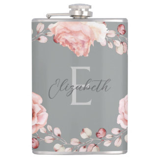 Flasques Rose d'aquarelle Wreath personnalisée | Gray