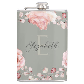 Flasques Rose d'aquarelle Wreath personnalisée | Vert sage