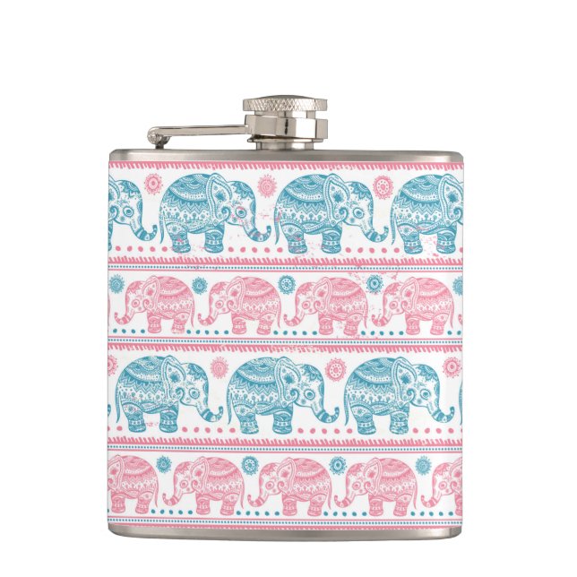 Flasques Rose et motif ethnique turquoise d'éléphant (Devant)
