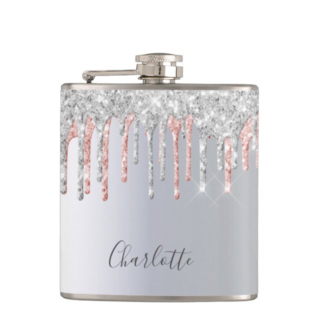 Flasques Rose gold argent paillettes gouttes monogramme ros (Devant)