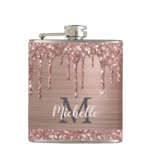 Flasques Rose Gold Glitter Drips on Pink Metal Monogrammed