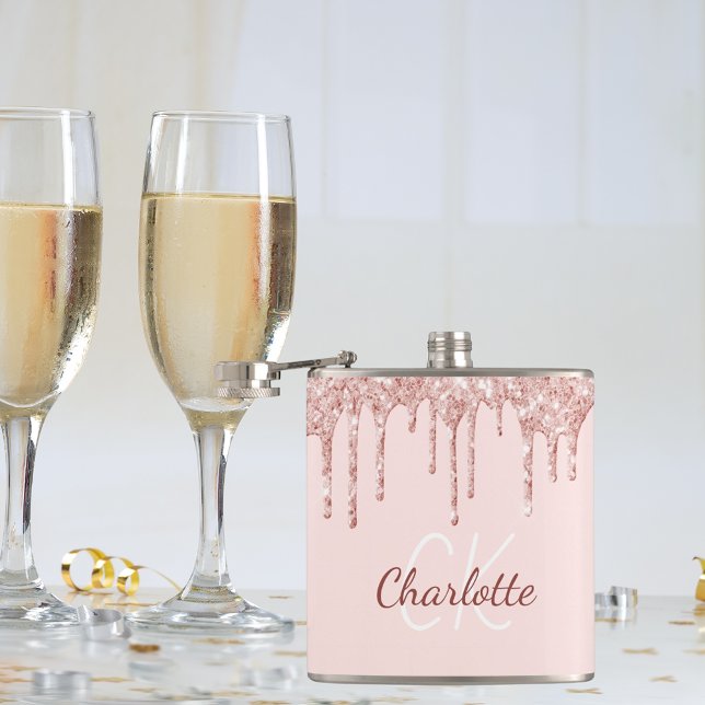 Flasques Rose gold pailleté rose blush monogramme nom (Créateur téléchargé)