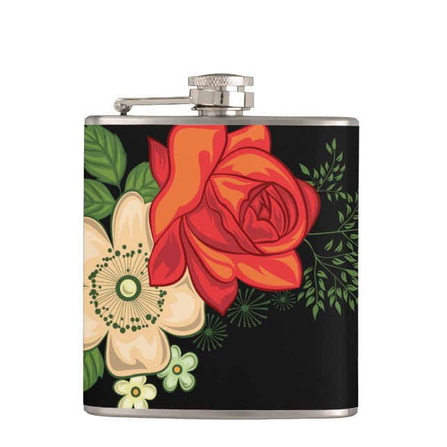 Flasques Rose rouge et marguerites sur fond noir (Devant)