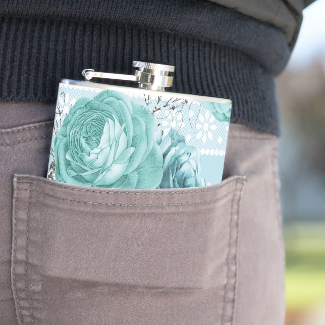 Flasques Roses bleus avec dentelle (En situation)