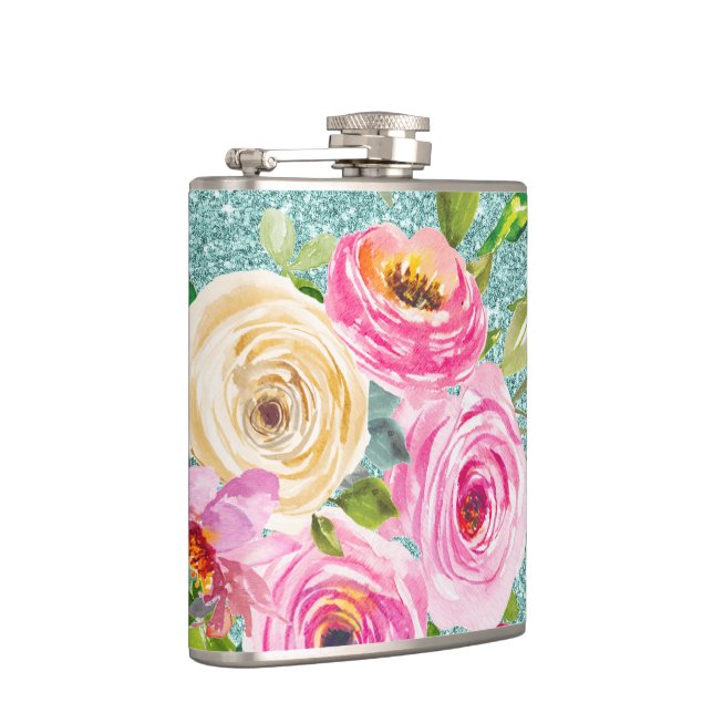 Flasques Roses d'aquarelle en Parties scintillant Aqua rose (Droite)