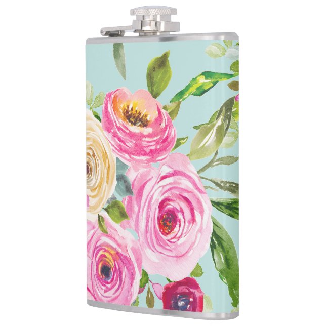 Flasques Roses d'aquarelle en rose et crème sur Aqua (Gauche)