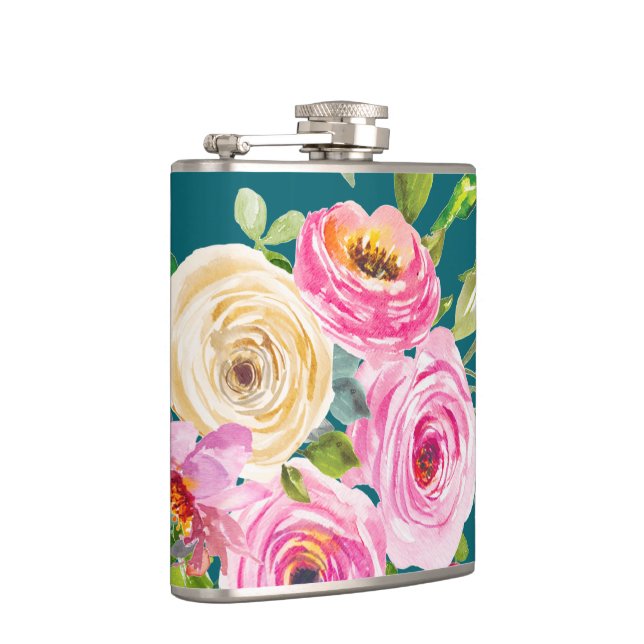 Flasques Roses d'aquarelle en rose et crème sur Turquoise (Droite)