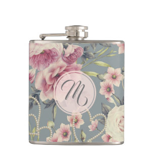 Flasques Roses et monogramme assez roses de coeurs de perle