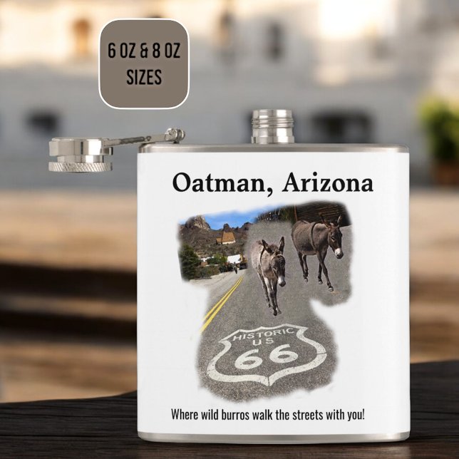 Flasques Route 66 Oatman Arizona Burros Dans La Rue Café (front design view)