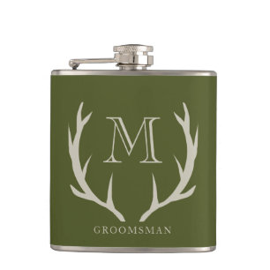 Flasques Rustic Army Green Antler Personnalisé Groomsmen Ca