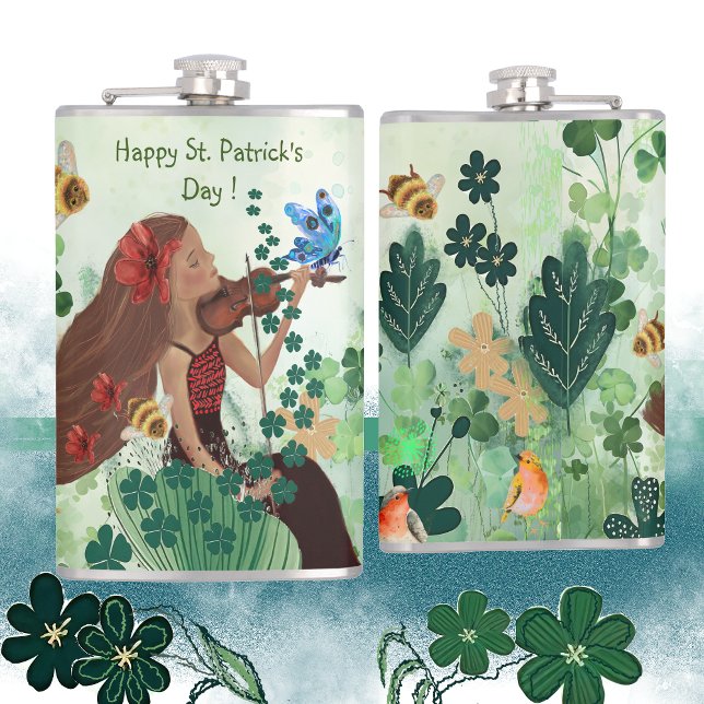 Flasques Saint Patrick's Day avec musique (St Patrick's Day with Music Flask, with woman playing a violin )