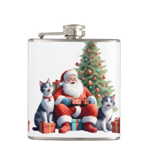 Flasques Santa et la famille de chats ouvrent des cadeaux j