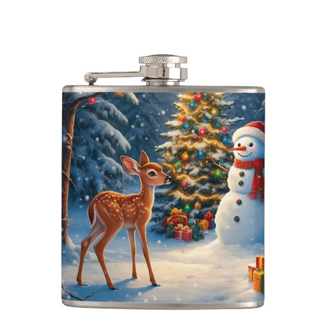 Flasques Scene d'arbre de Noël Cute Deer Fawn Snowman (Devant)