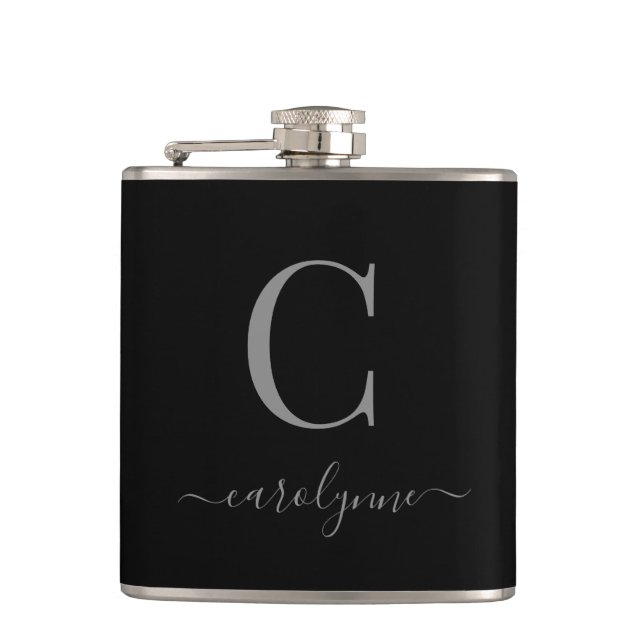 Flasques Script moderne élégant en argent noir monogramme (Devant)