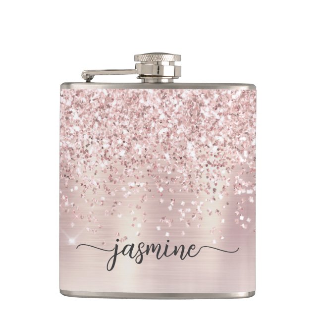 Flasques Signature de nom monogramme pailleté or rose éléga (Devant)