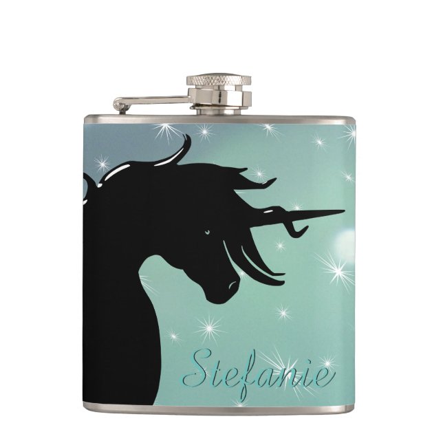 Flasques Silhouette Unicorne (vert brun avec étoiles) (Devant)