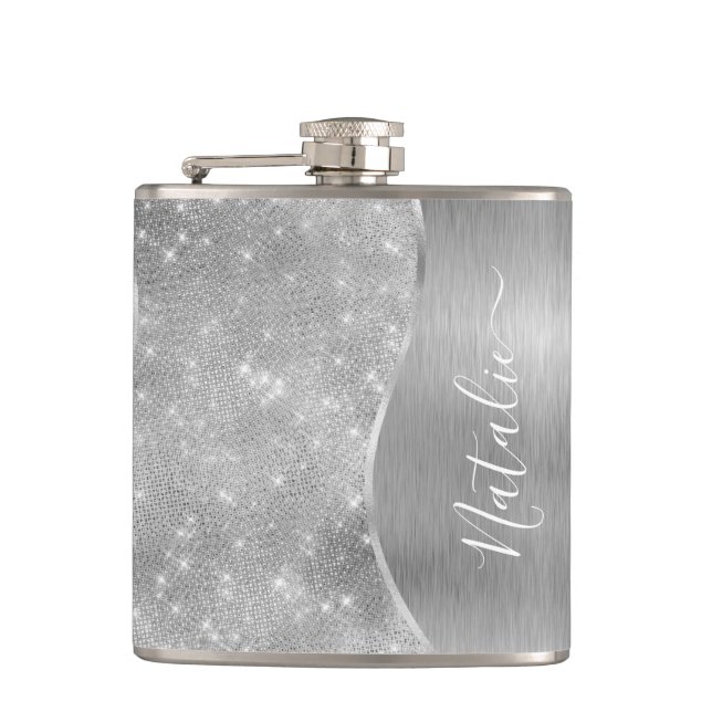 Flasques Silver Glitter Glam Bling Personalized (Devant)