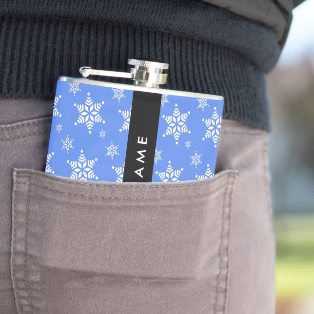 Flasques Snowflakes blanc, Bleu, Votre nom, Personnaliser (En situation)