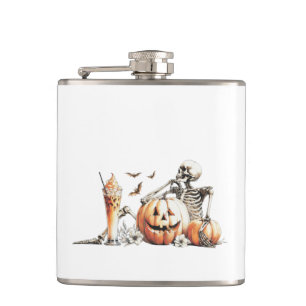 Flasques Squelette avec citrouille et boire. Halloween.