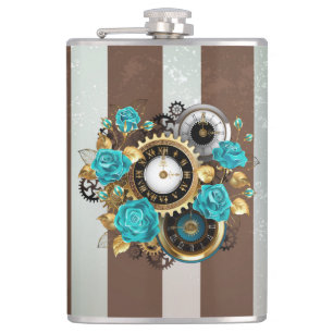 Flasques Steampunk Clock and Turquoise Roses on Striped