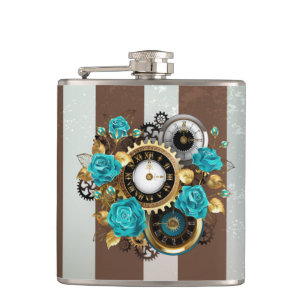 Flasques Steampunk Clock and Turquoise Roses on Striped