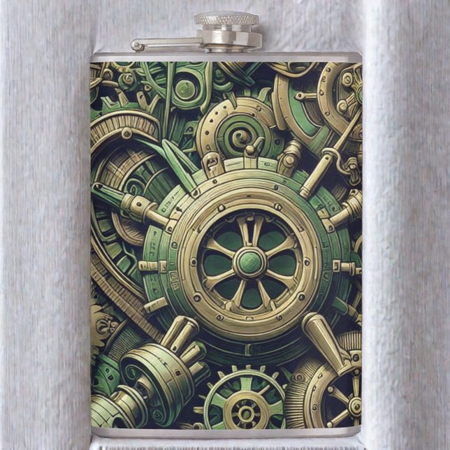 Flasques Steampunk Industrial Green Clocwork Gears (Créateur téléchargé)