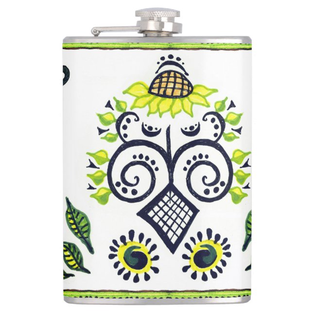 Flasques Sunflower Folk Art Motif en Jaune et Noir (Devant)