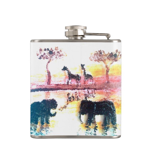Flasques Sunset Painting African Elephant, Giraffe (Dos)