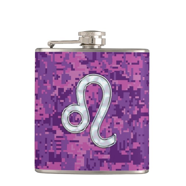 Flasques Symbole Leo Zodiac sur Camo numérique Fuchsia rose (Devant)