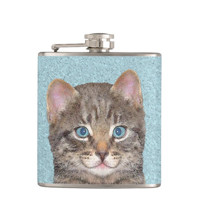 Flasques Tabby Gris Peinture Chat - Cute Original Art Chat (Devant)