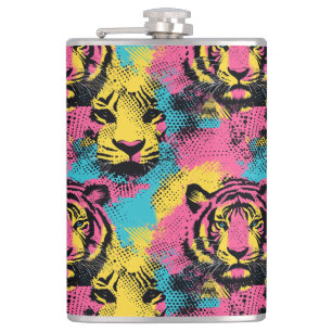 Flasques Tiger Pop Art Motif en rose, jaune et bleu