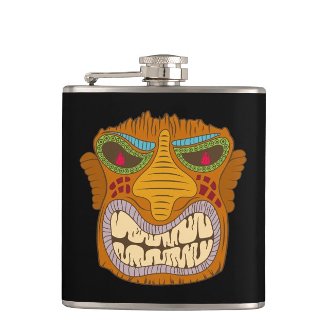 Flasques Tiki Fou avec des Flammes dans les Yeux, Noir (Devant)