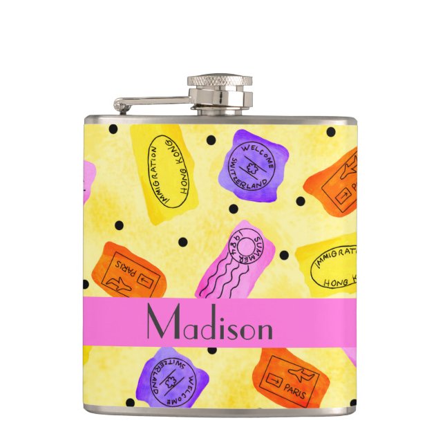 Flasques Timbres vintage jaune Passeport Nom Personnalisé (Devant)