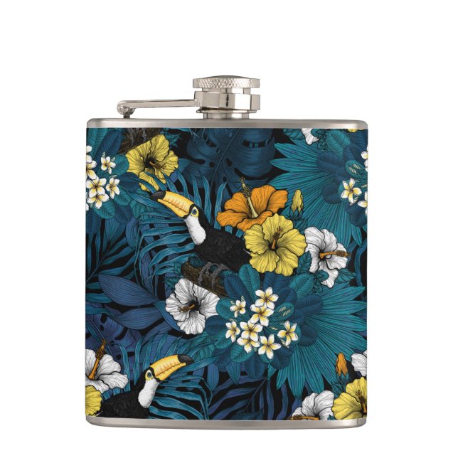 Flasques Toucans et flore tropicale, bleu, jaune, orange (Devant)
