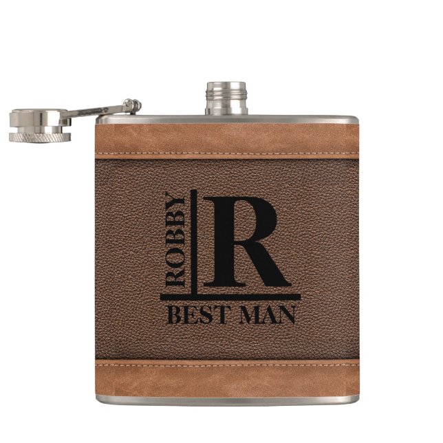 Flasques Traces en cuir Brown Monogramme Nom personnalisé (Ouvert)