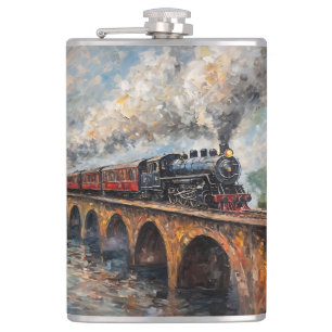 Flasques Train à vapeur sur un pont - Peinture à l'huile