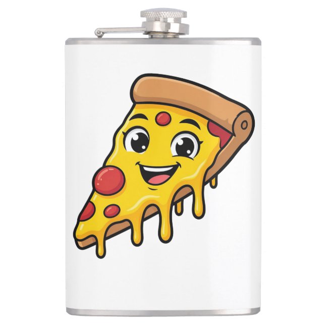 Flasques Tranche de pizza drôle et heureuse avec fromage ex (Devant)