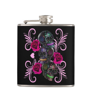 Flasques Triple Black Jour des Morts Crânes Roses Roses